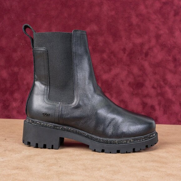 DKNY Women Rick Chelsea Black Leather Rhinestones Ankle Fashion Boots sz 6.5 - Picture 3 of 8